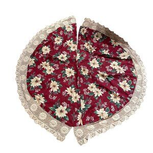 Red Poinsettia Floral Christmas Tree Skirt Crochet Lace Trim Handmade Large u
